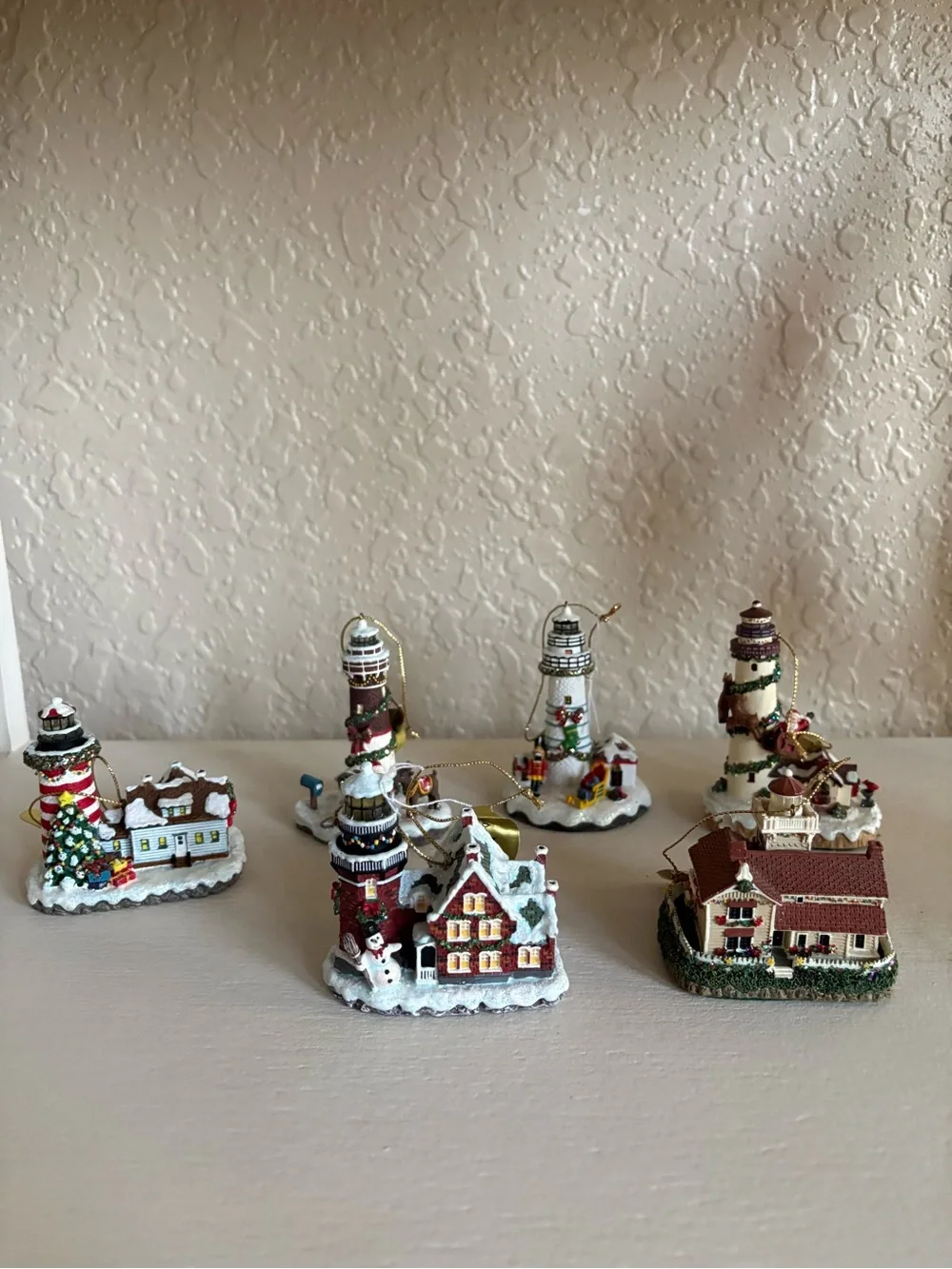 Holiday Lighthouse and Village Ornaments - White and Red